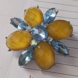 Honey Gold and Light Blue Flower Brooch